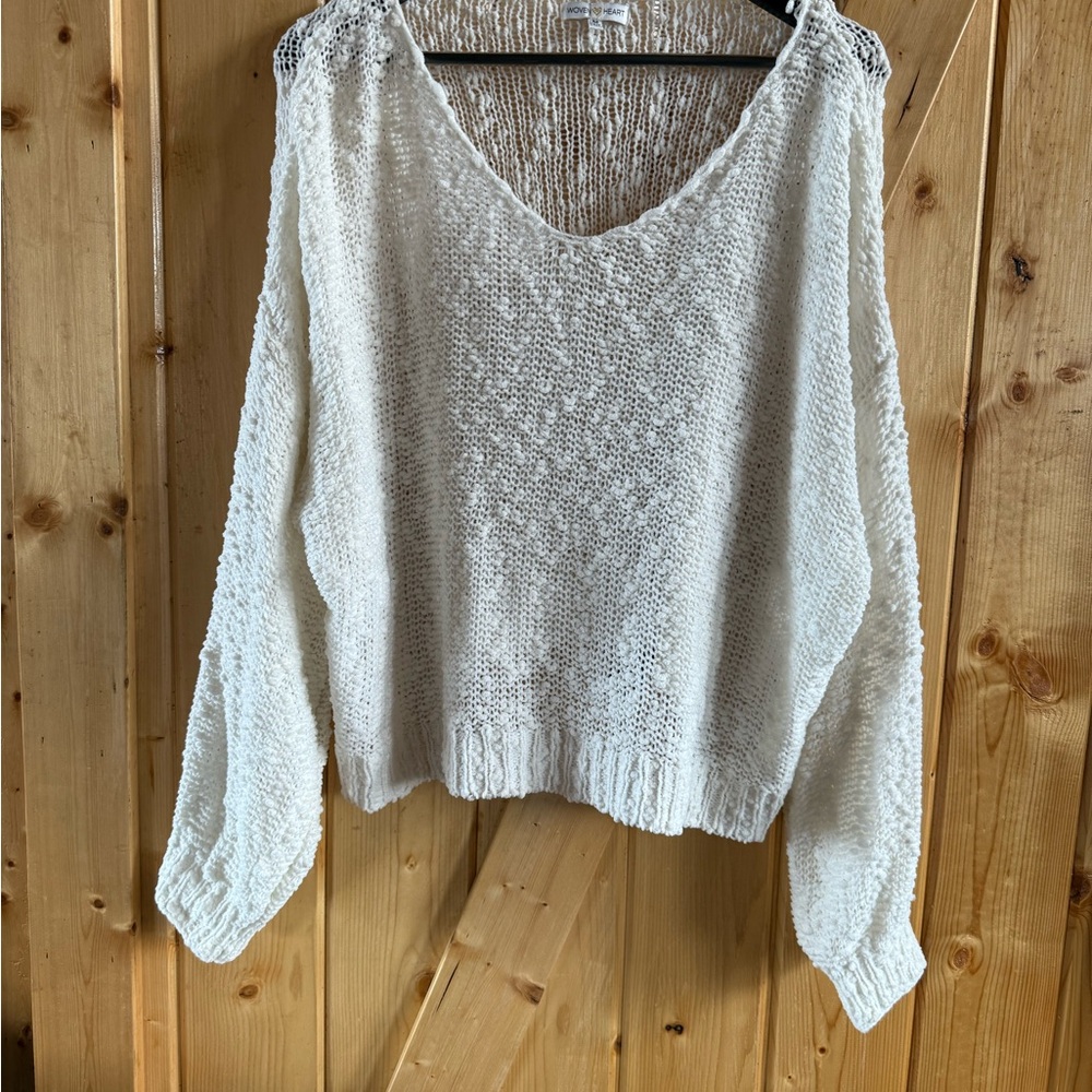 Woven Heart Cream V-Neck Sweater